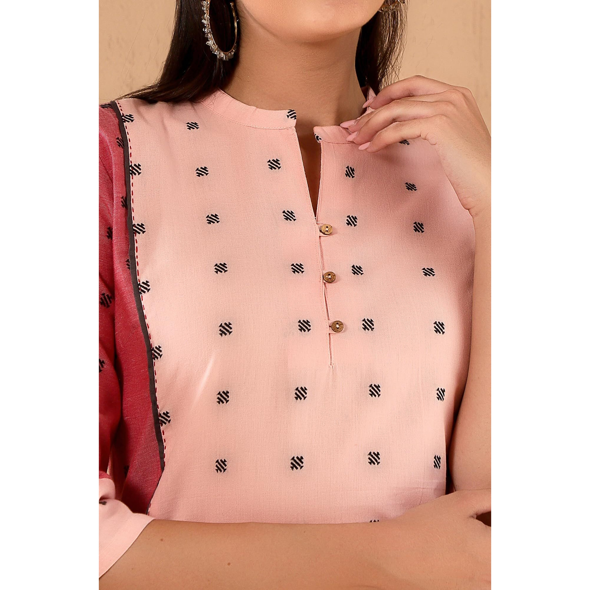 W For Woman Light Red Geometric Printed Regular Kurta