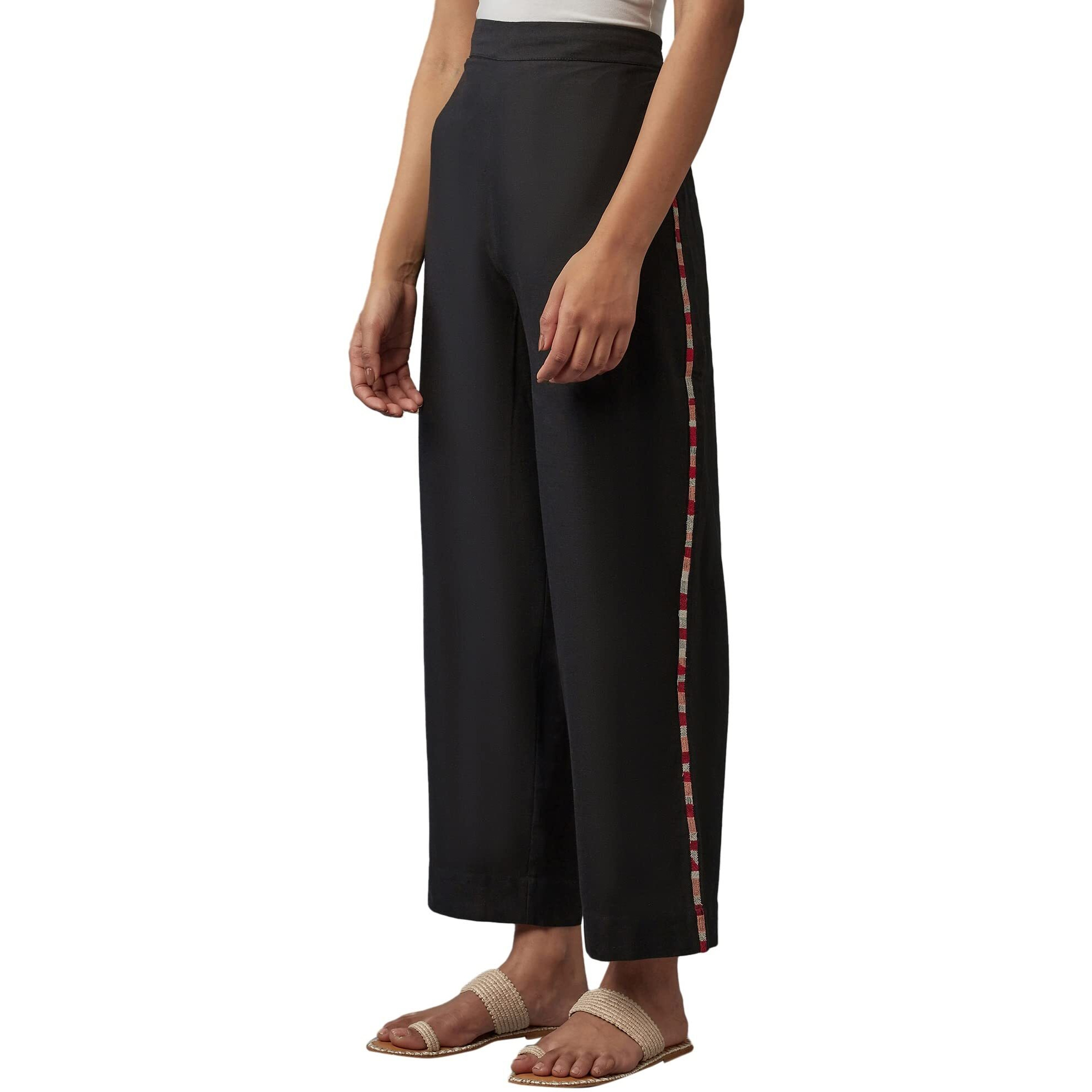 W For Woman Black Solid Parallel Pants With Embroidery_22Few61859-216919_Xl
