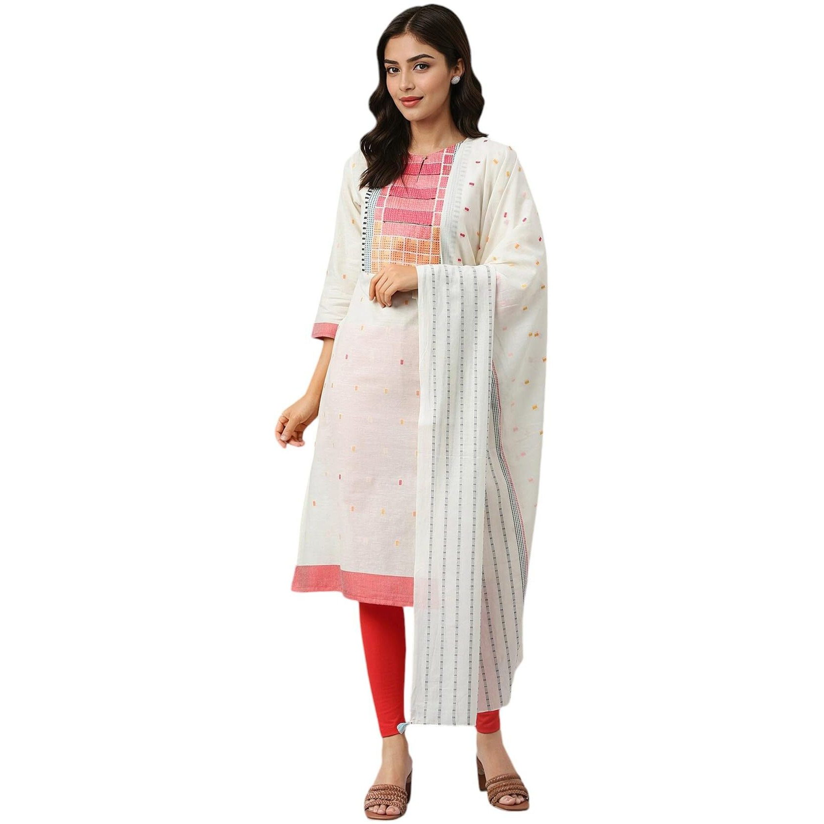 W For Woman Cotton Dobby Straight Kurta, Leggings And Butta Dobby Dupatta Set