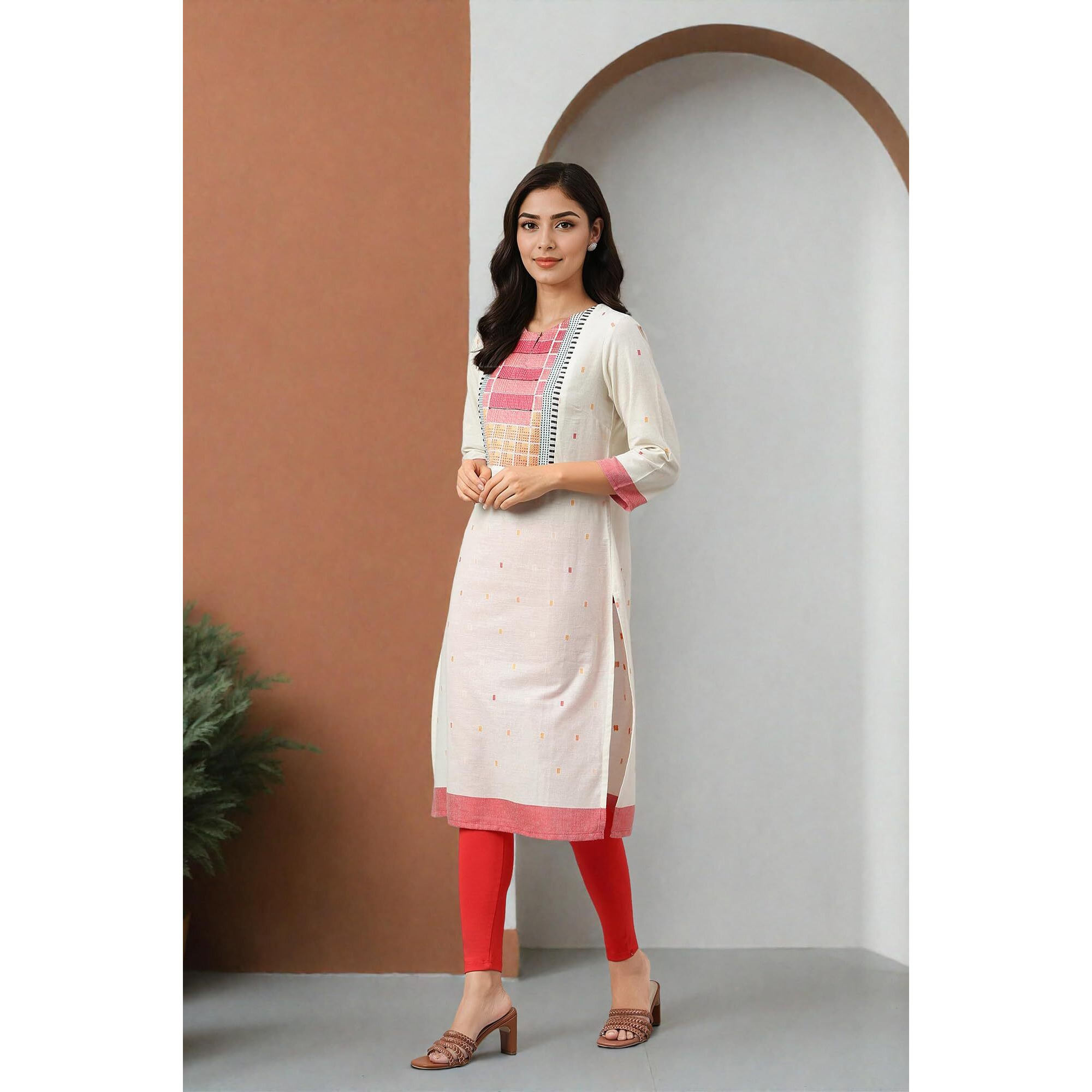 W For Woman Cotton Dobby Straight Kurta, Leggings And Butta Dobby Dupatta Set