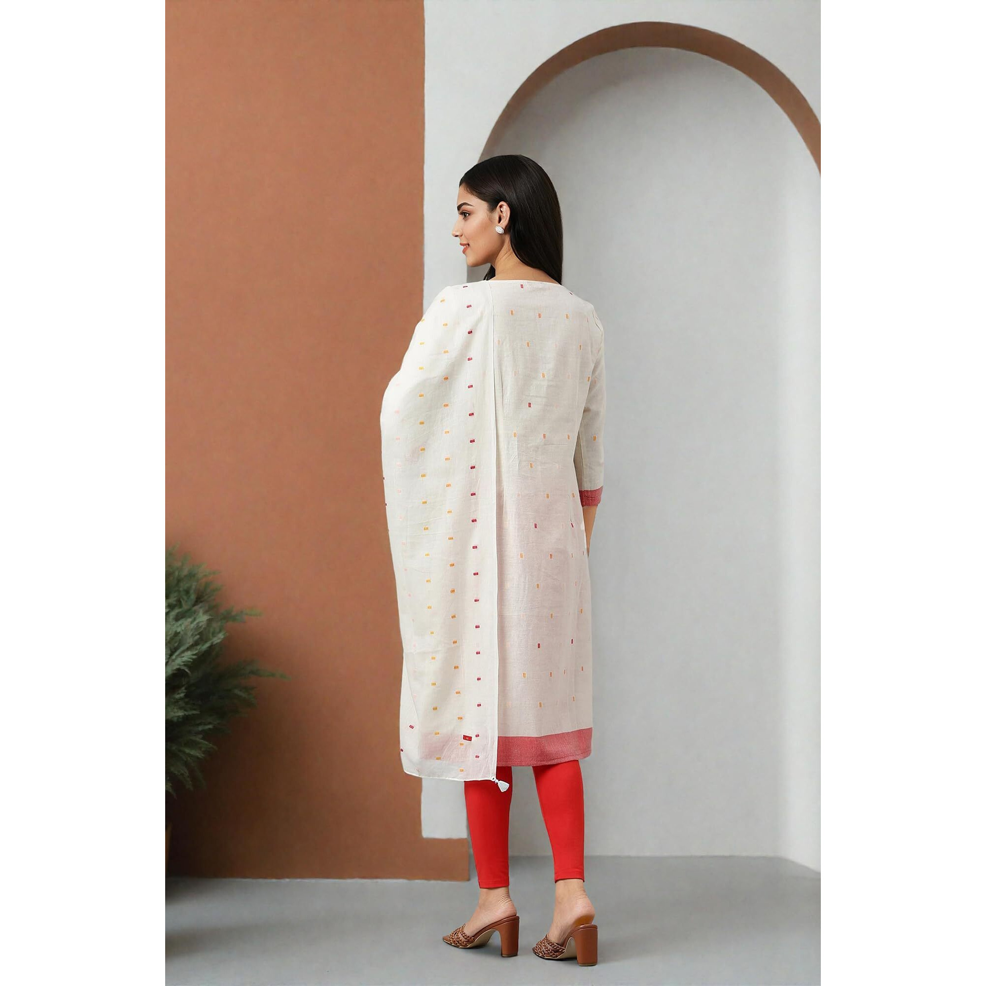 W For Woman Cotton Dobby Straight Kurta, Leggings And Butta Dobby Dupatta Set