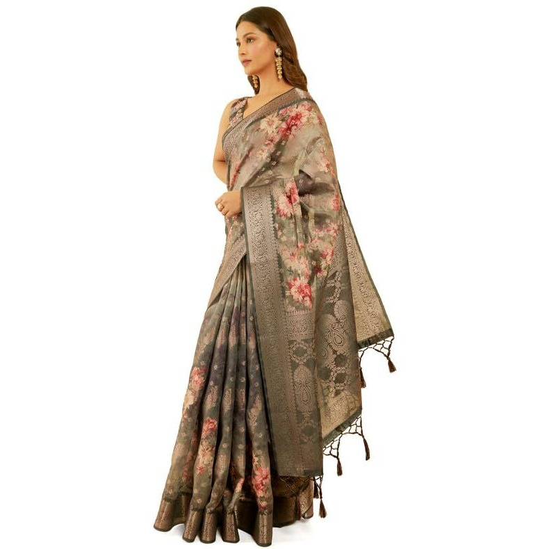 Soch Womens Black Floral Print Jacquard Chanderi Saree