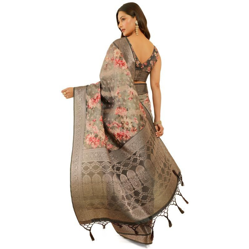 Soch Womens Black Floral Print Jacquard Chanderi Saree