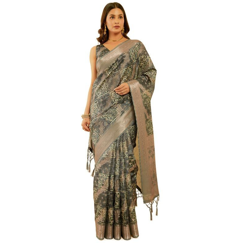 Soch Womens Charcoal Chanderi Jacquard Saree With Ethnic Print