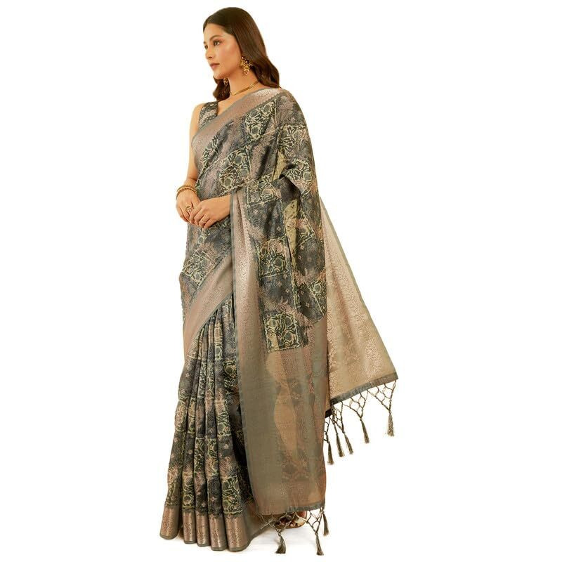 Soch Womens Charcoal Chanderi Jacquard Saree With Ethnic Print