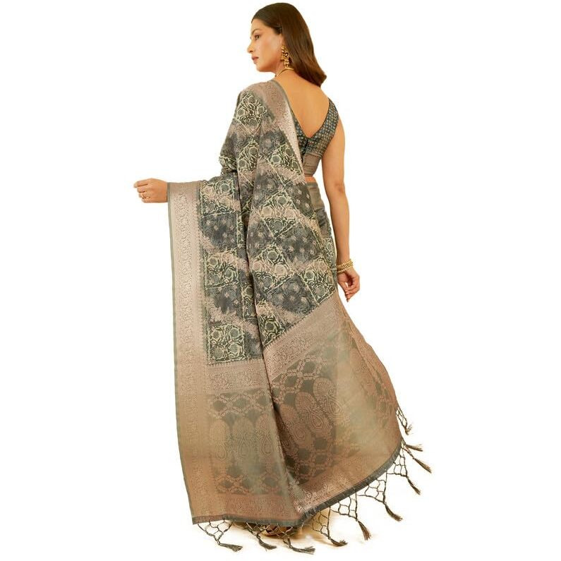 Soch Womens Charcoal Chanderi Jacquard Saree With Ethnic Print