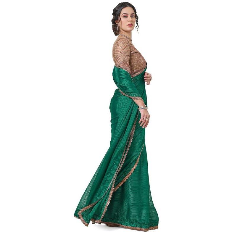 Soch Womens Green Chiffon Striped Saree With Copper Lace Border