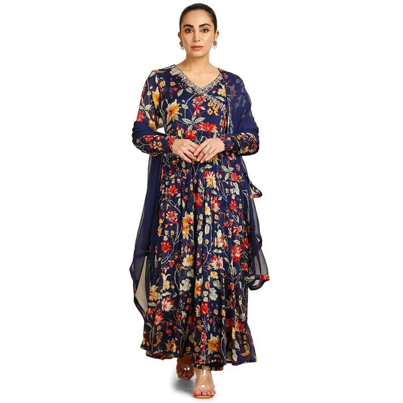 Soch Womens Blue Botanical Print Chinon Angrakha Suit Set With Dupatta
