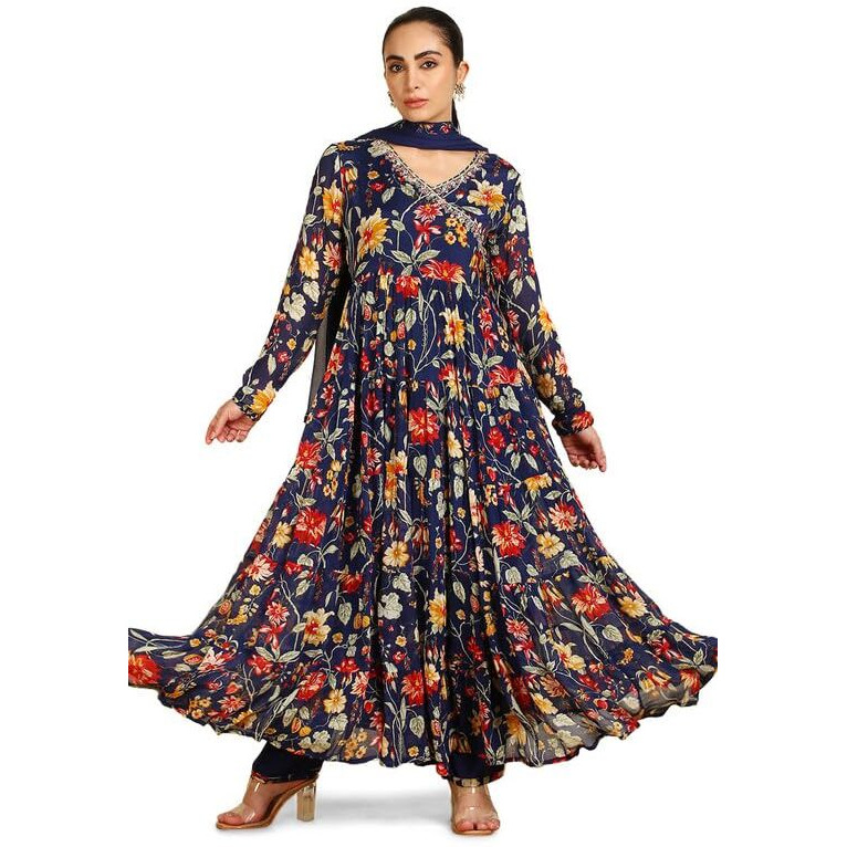 Soch Womens Blue Botanical Print Chinon Angrakha Suit Set With Dupatta