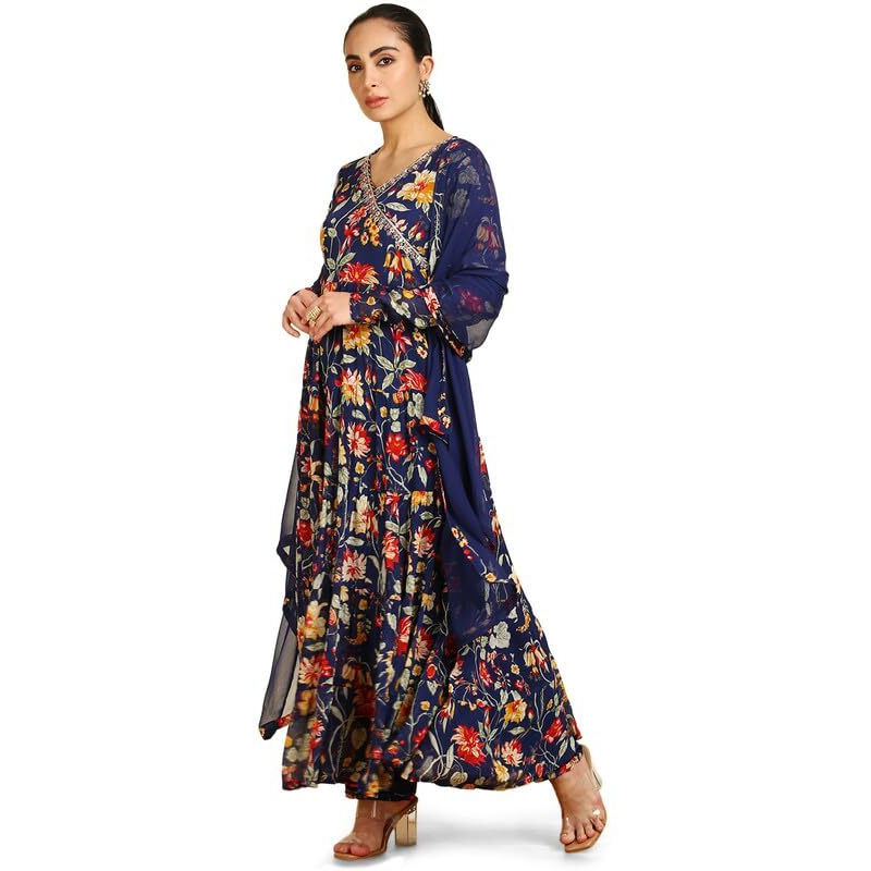 Soch Womens Blue Botanical Print Chinon Angrakha Suit Set With Dupatta