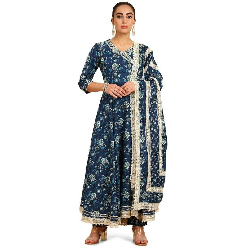 Soch Womens Blue Botanical Print Angrakha Cotton Suit Set