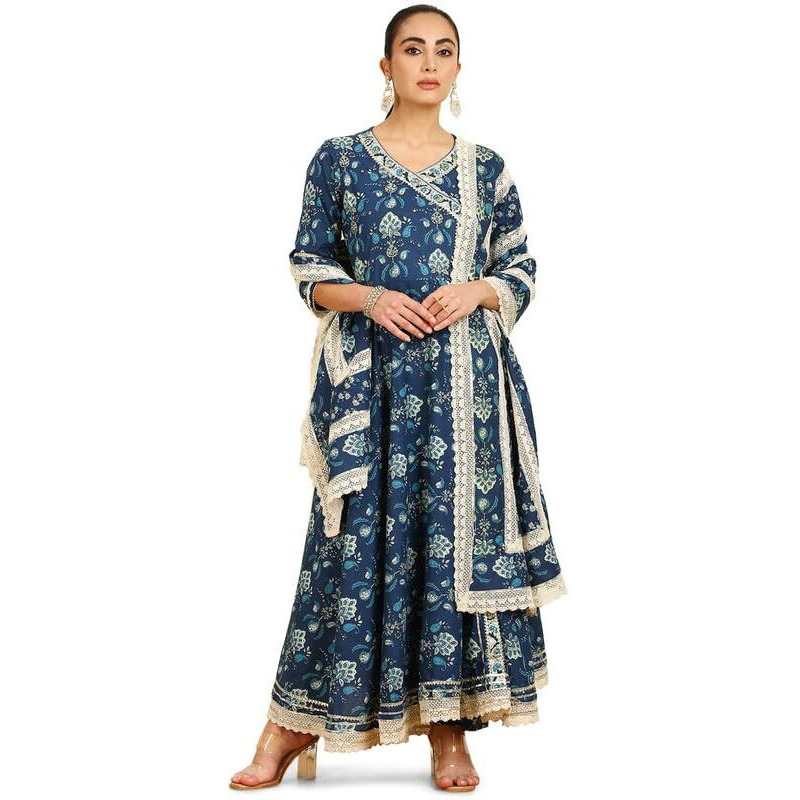 Soch Womens Blue Botanical Print Angrakha Cotton Suit Set