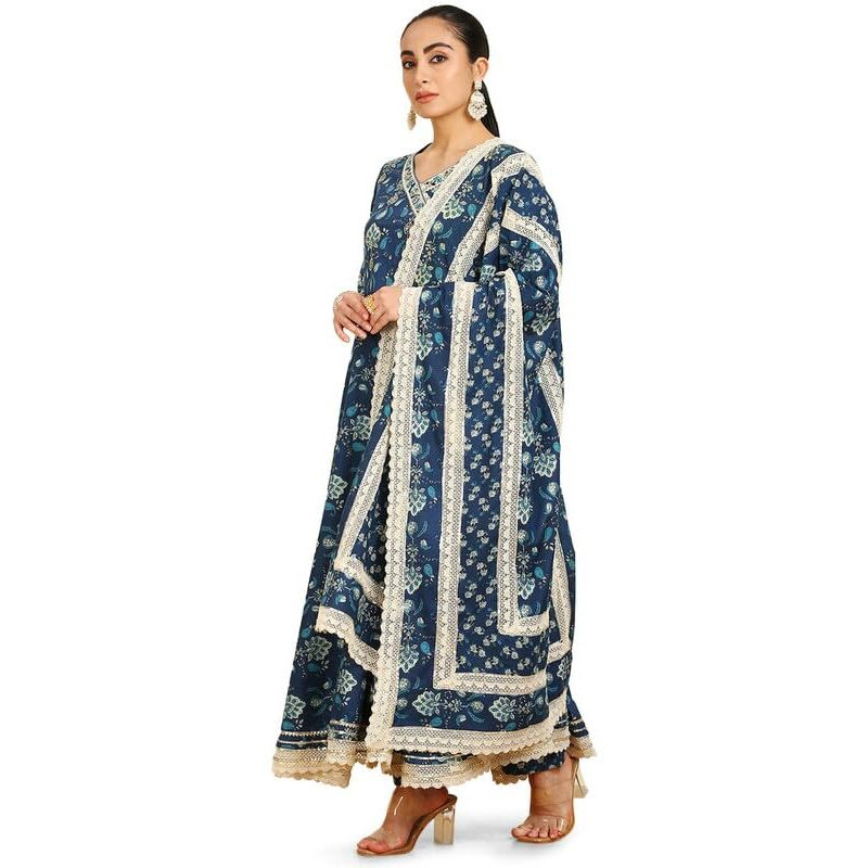 Soch Womens Blue Botanical Print Angrakha Cotton Suit Set