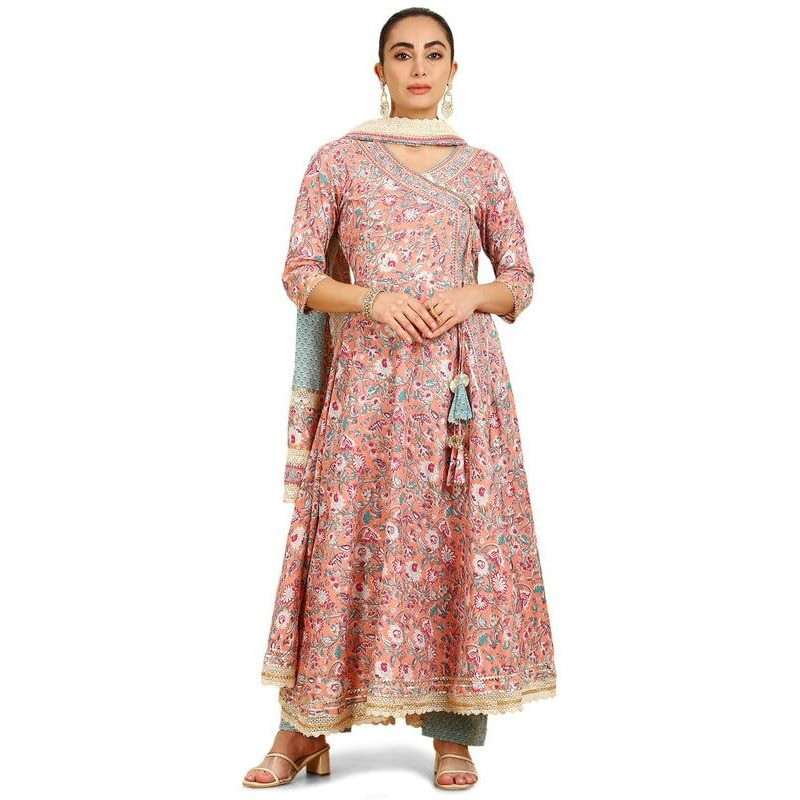 Soch Womens Peach Floral Print Angrakha Cotton Suit Set