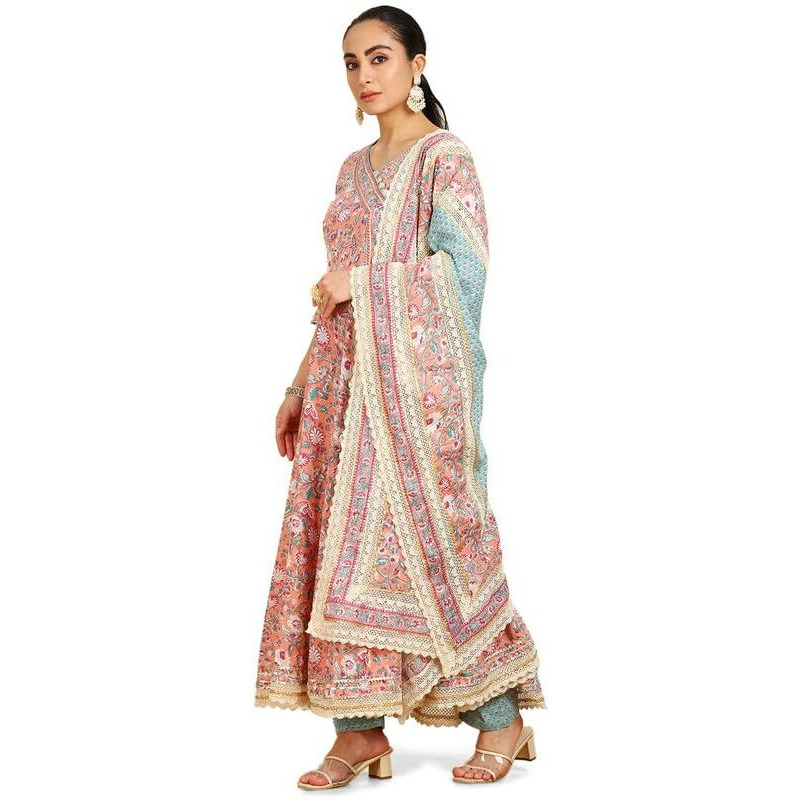 Soch Womens Peach Floral Print Angrakha Cotton Suit Set