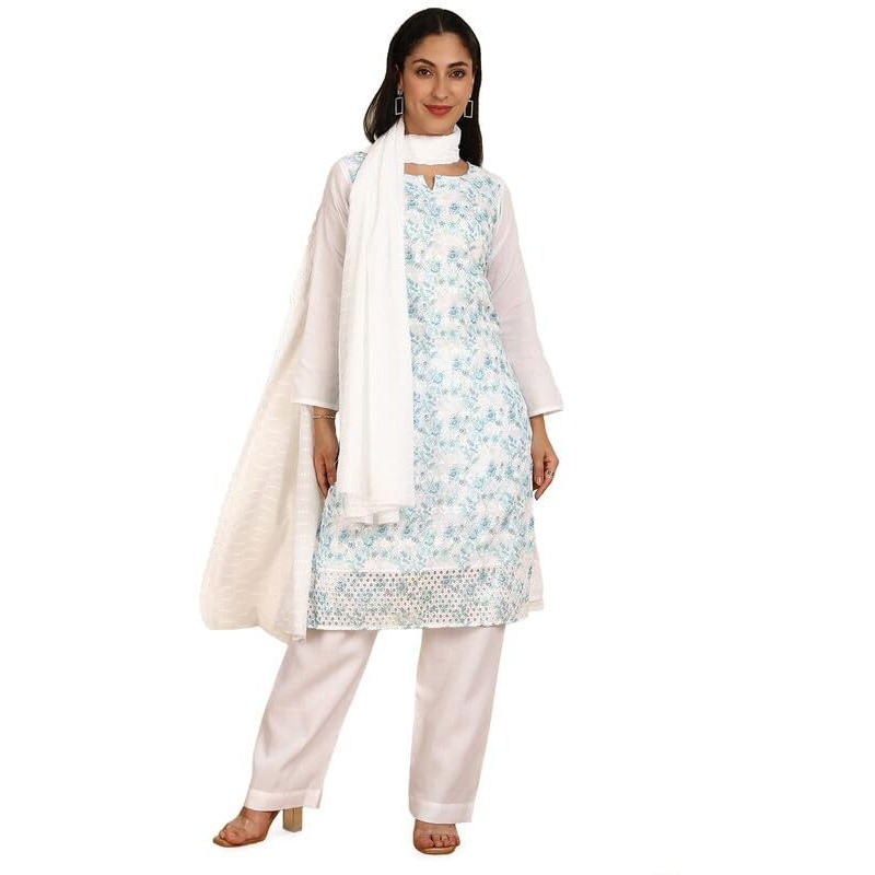 Soch Womens Blue Cotton Embroidered Unstitch Dress Material With Schiffli