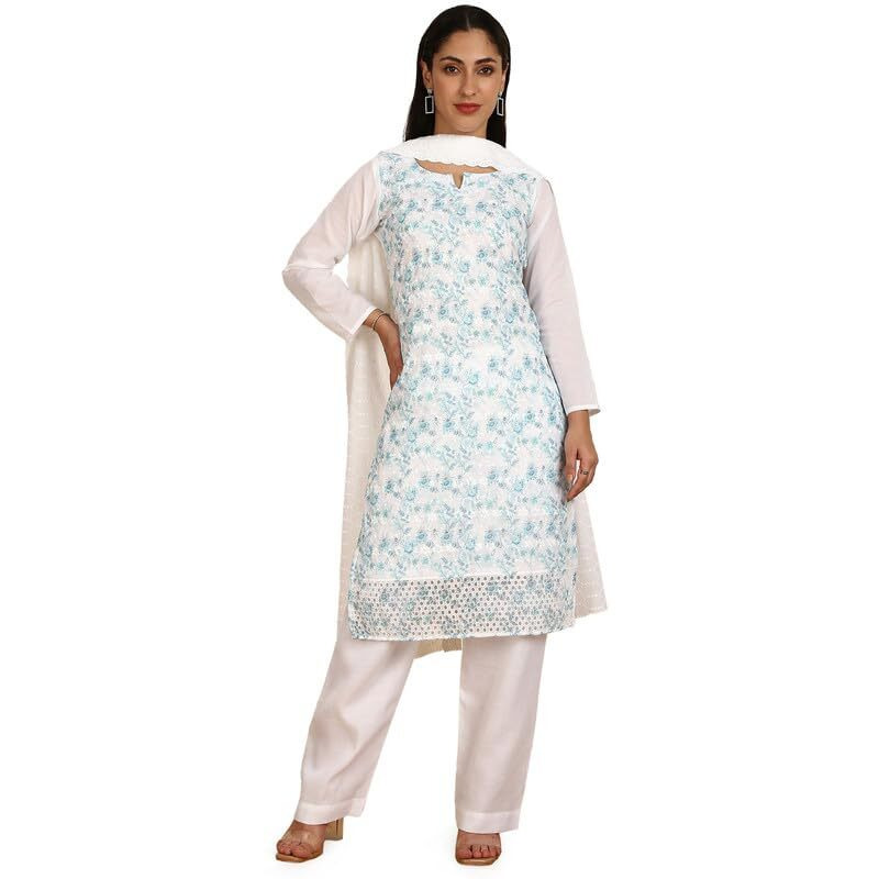 Soch Womens Blue Cotton Embroidered Unstitch Dress Material With Schiffli