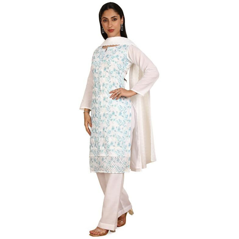 Soch Womens Blue Cotton Embroidered Unstitch Dress Material With Schiffli