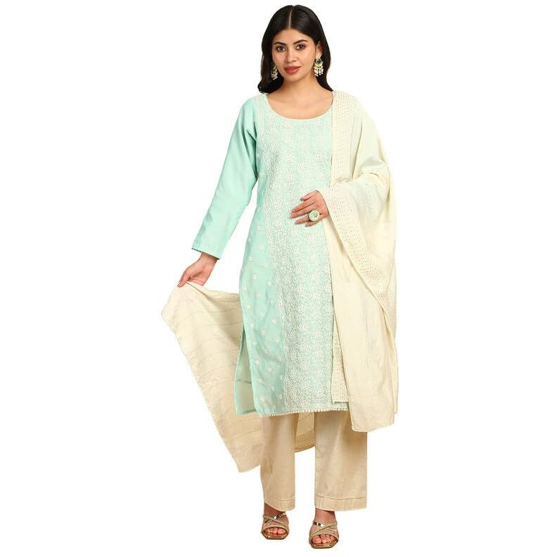Soch Womens Turquoise Blue Chanderi Unstitched Dress Material With Sequins