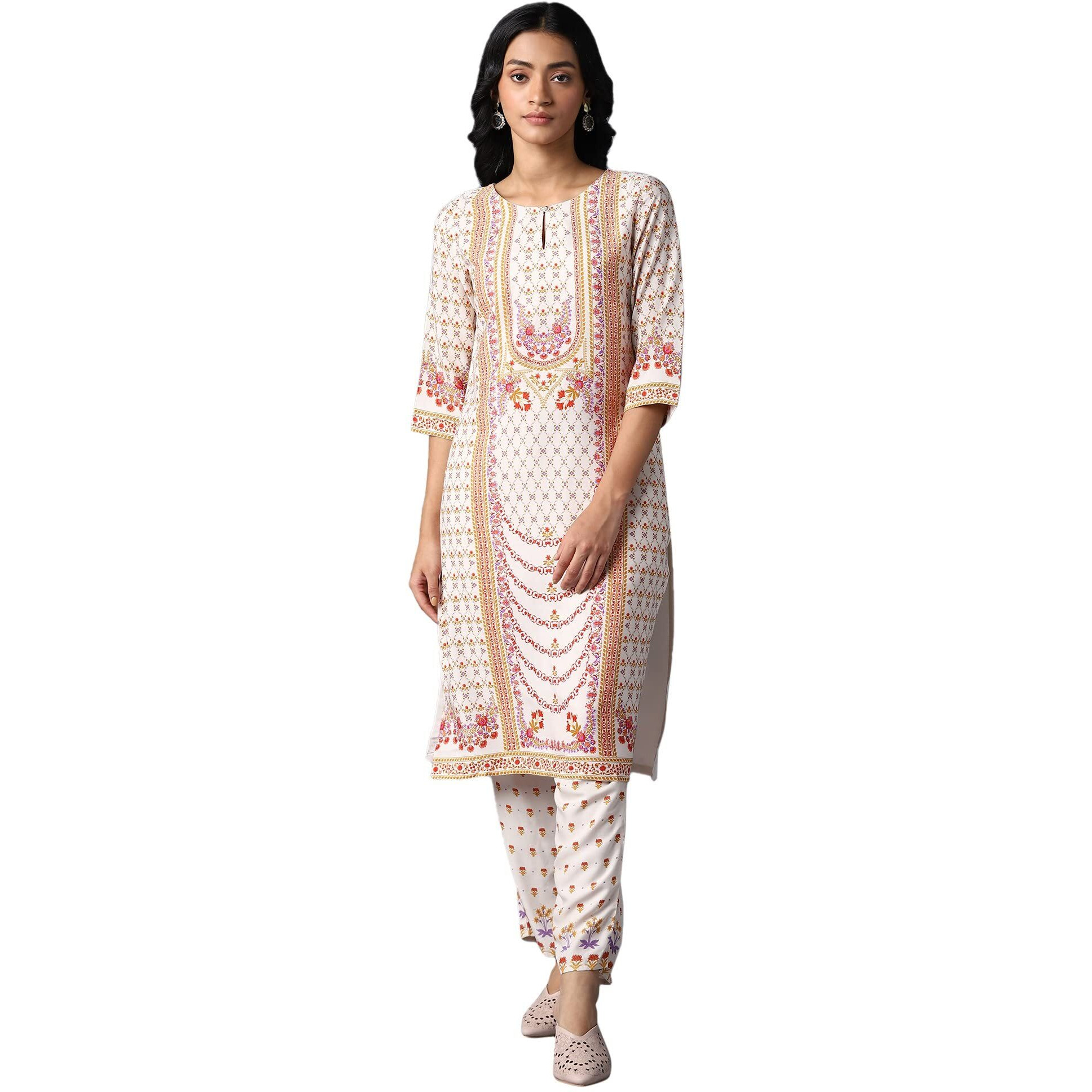 W Ecru Synthetic Floral Printed Regular Kurta For Women