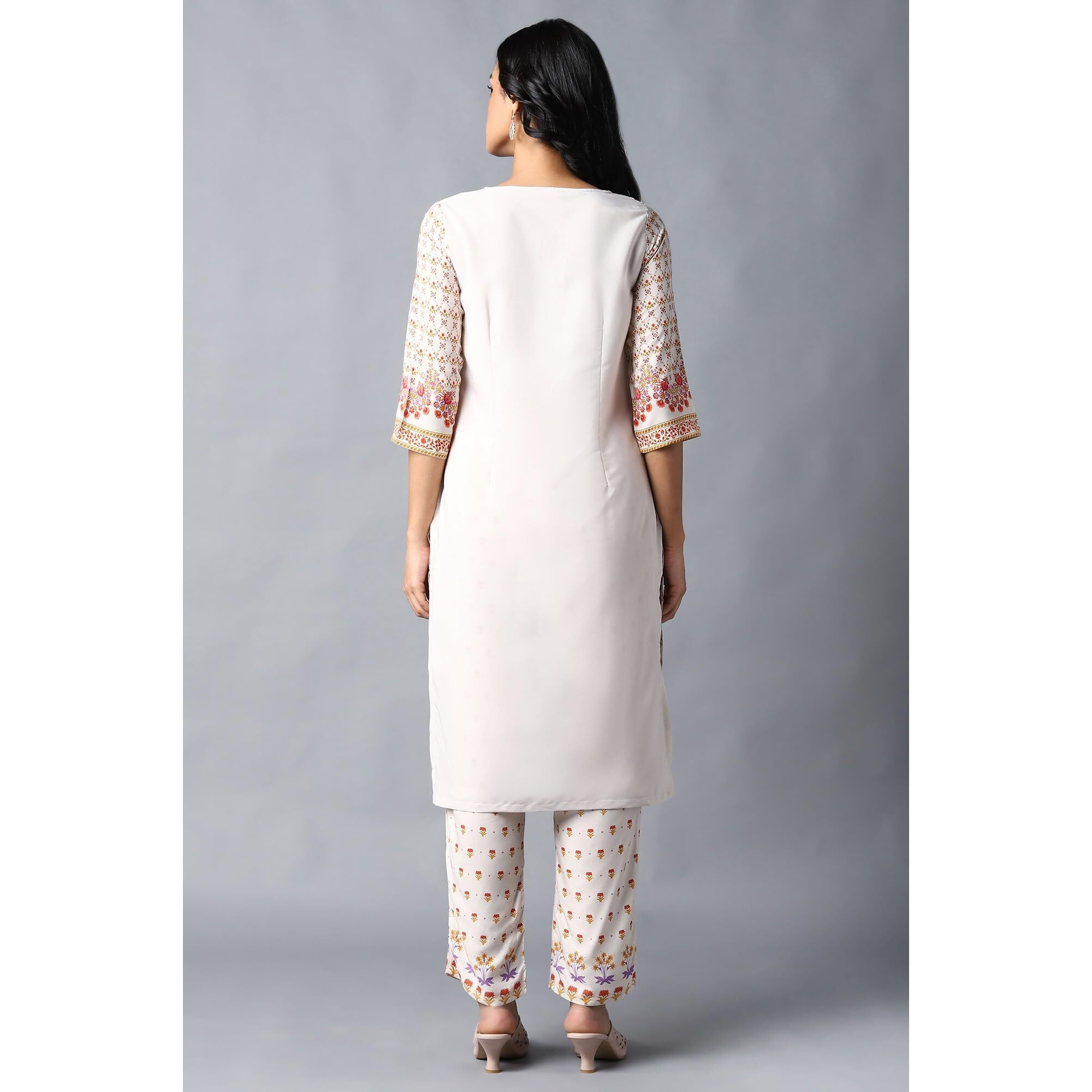 W Ecru Synthetic Floral Printed Regular Kurta For Women
