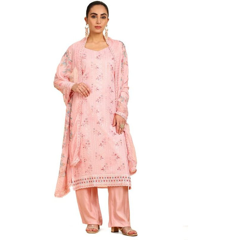 Soch Womens Pink Georgette Embroidered Unstitched Dress Material With Sequins