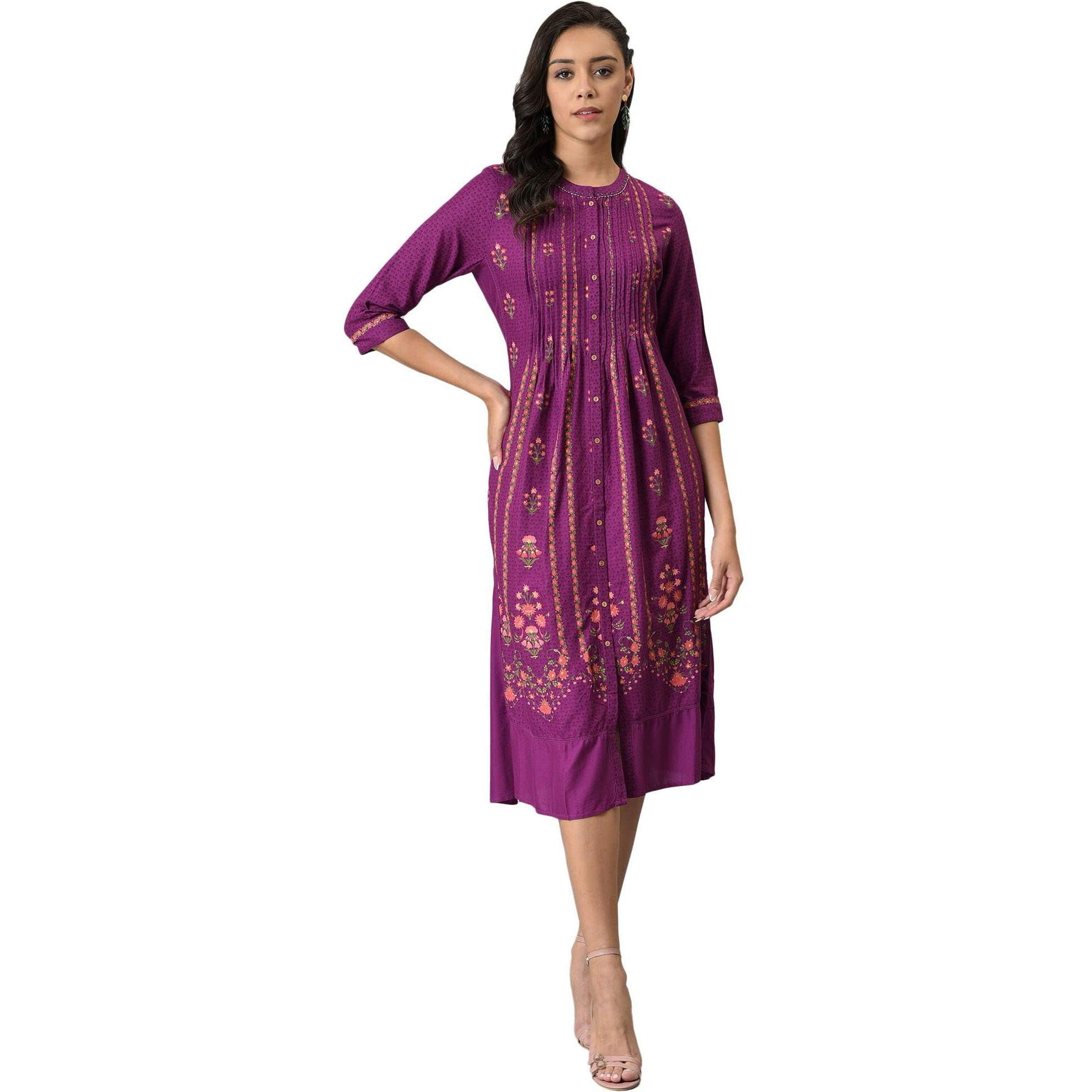 W For Woman Women's Viscose Dark Purple Floral Button Down Dress With Bead Work Calf Length (22Few17474-117924_Deep Orchid_Xs)