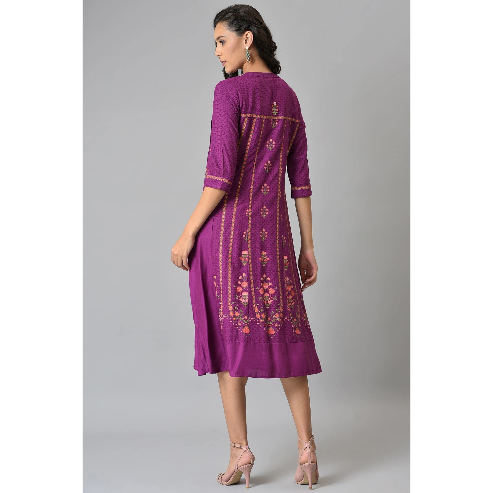 W For Woman Women's Viscose Dark Purple Floral Button Down Dress With Bead Work Calf Length (22Few17474-117924_Deep Orchid_Xs)