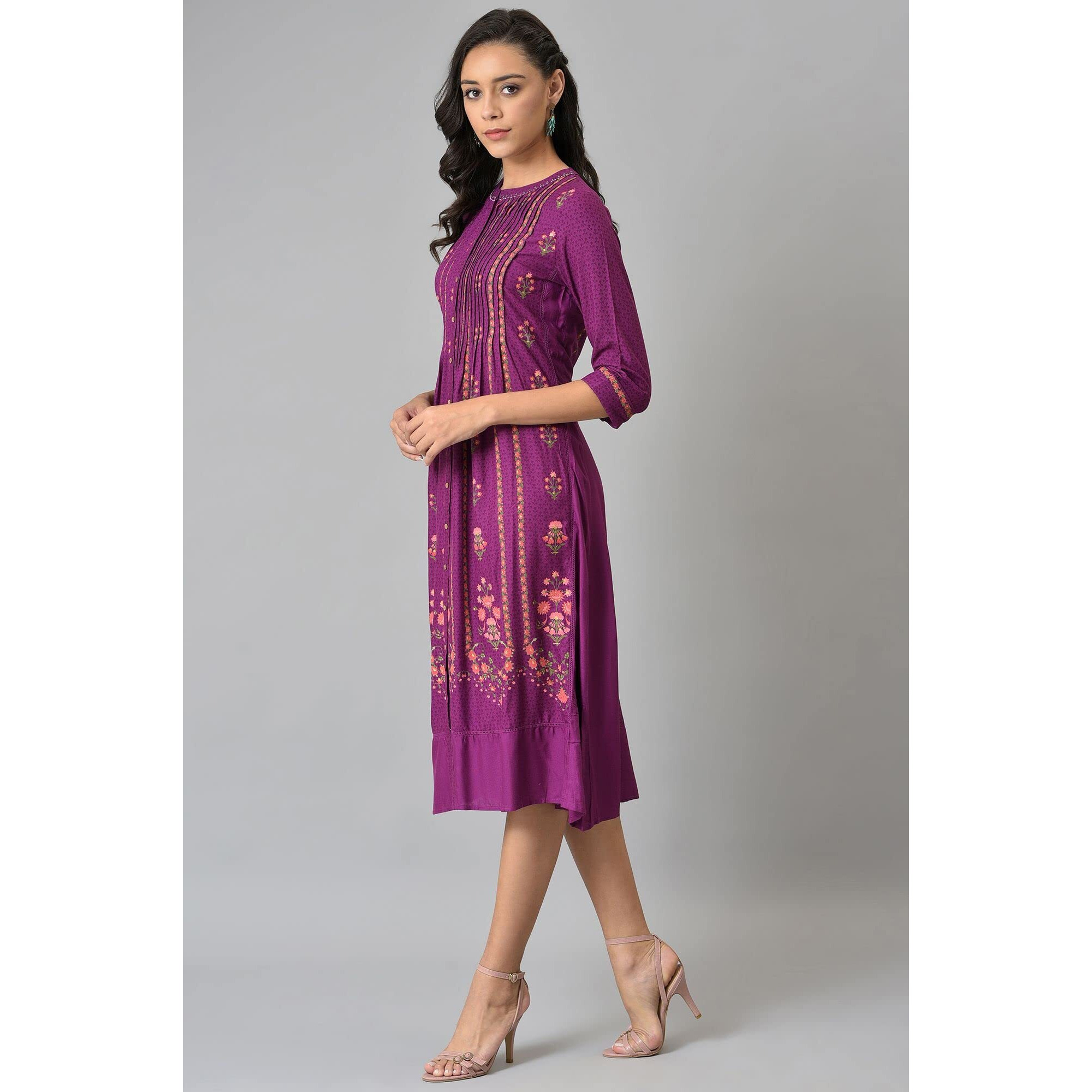 W For Woman Women's Viscose Dark Purple Floral Button Down Dress With Bead Work Calf Length (22Few17474-117924_Deep Orchid_Xs)