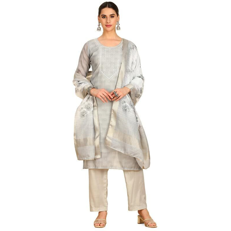 Soch Womens Grey Abstract Print Chanderi Unstitch Dress Material With Thread Work