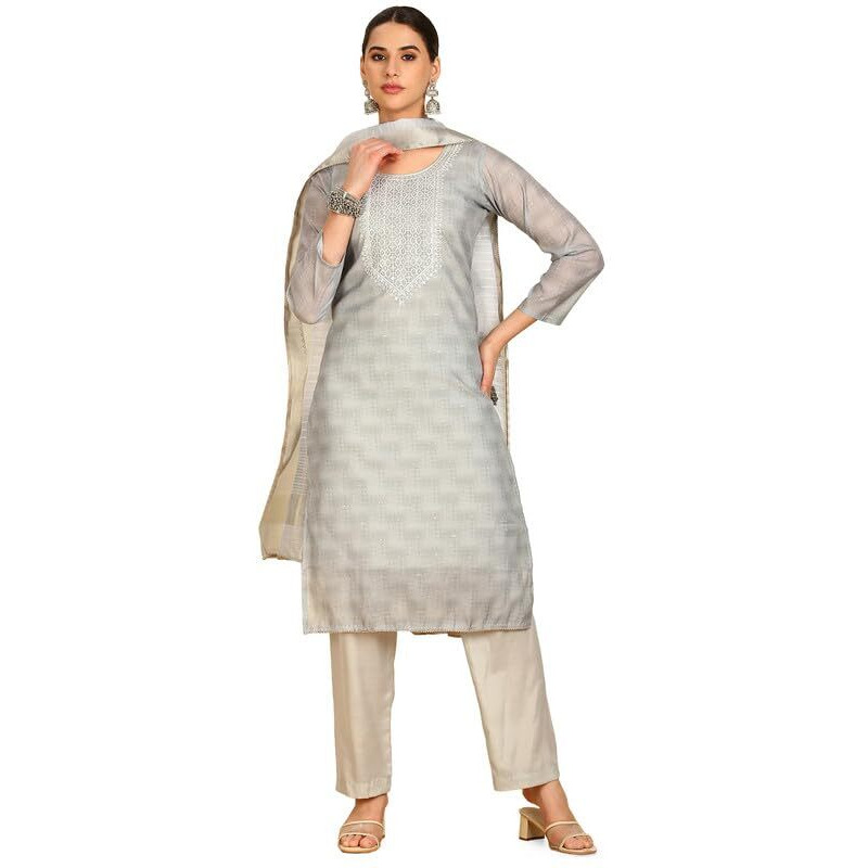 Soch Womens Grey Abstract Print Chanderi Unstitch Dress Material With Thread Work