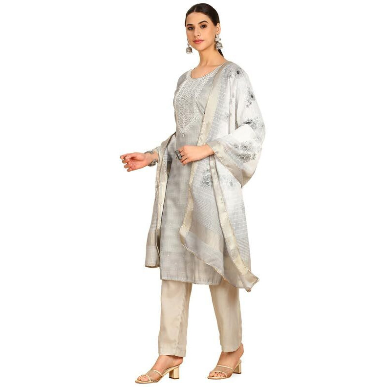 Soch Womens Grey Abstract Print Chanderi Unstitch Dress Material With Thread Work
