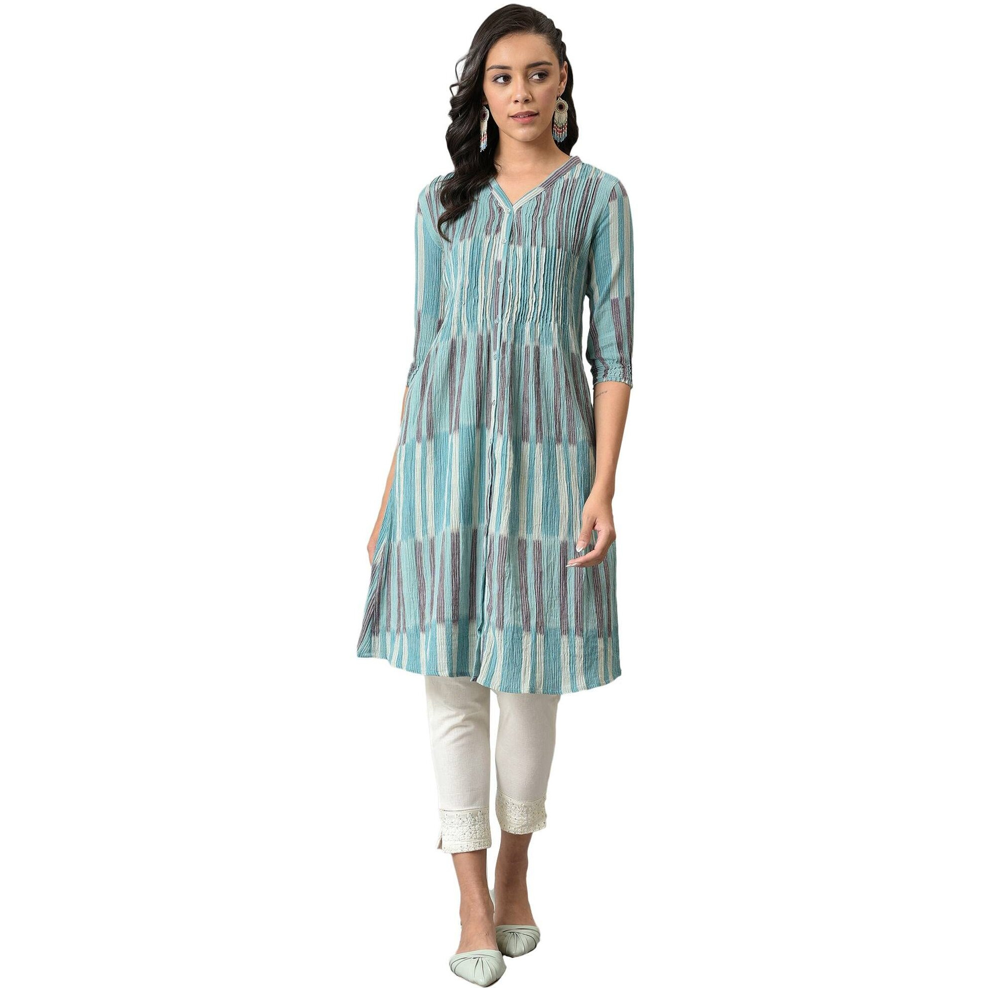 W For Woman Women's Cotton Regular Kurta (22Few17361-312102_Cameo Blue_Xl)