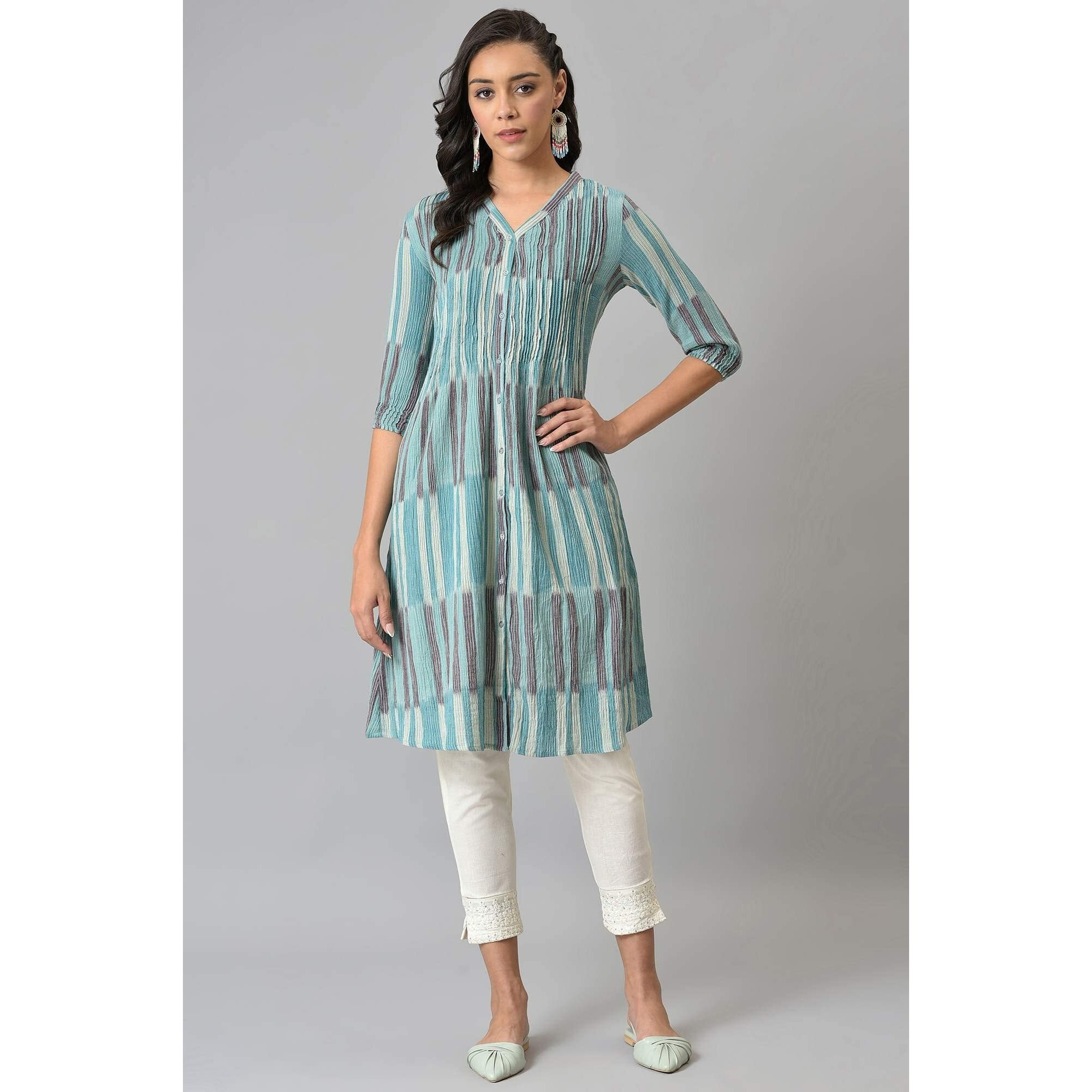 W For Woman Women's Cotton Regular Kurta (22Few17361-312102_Cameo Blue_Xl)