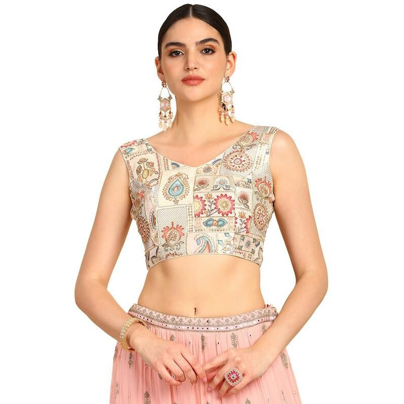 Soch Womens Cream Floral Print Art Silk Padded Blouse With Zari Work