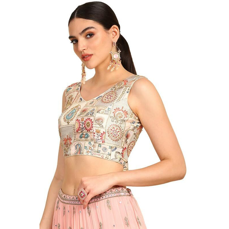 Soch Womens Cream Floral Print Art Silk Padded Blouse With Zari Work