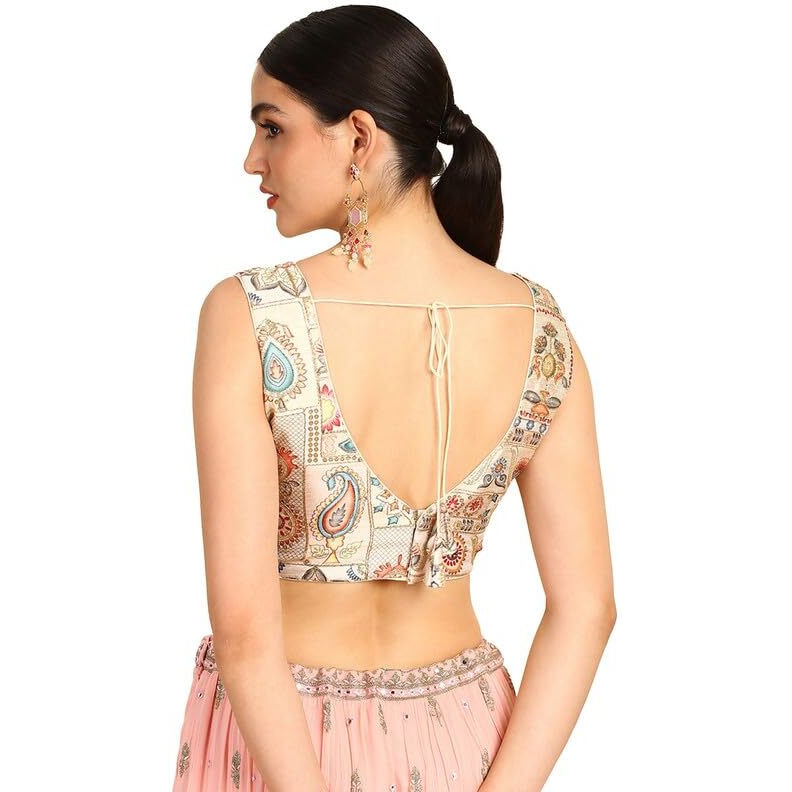 Soch Womens Cream Floral Print Art Silk Padded Blouse With Zari Work