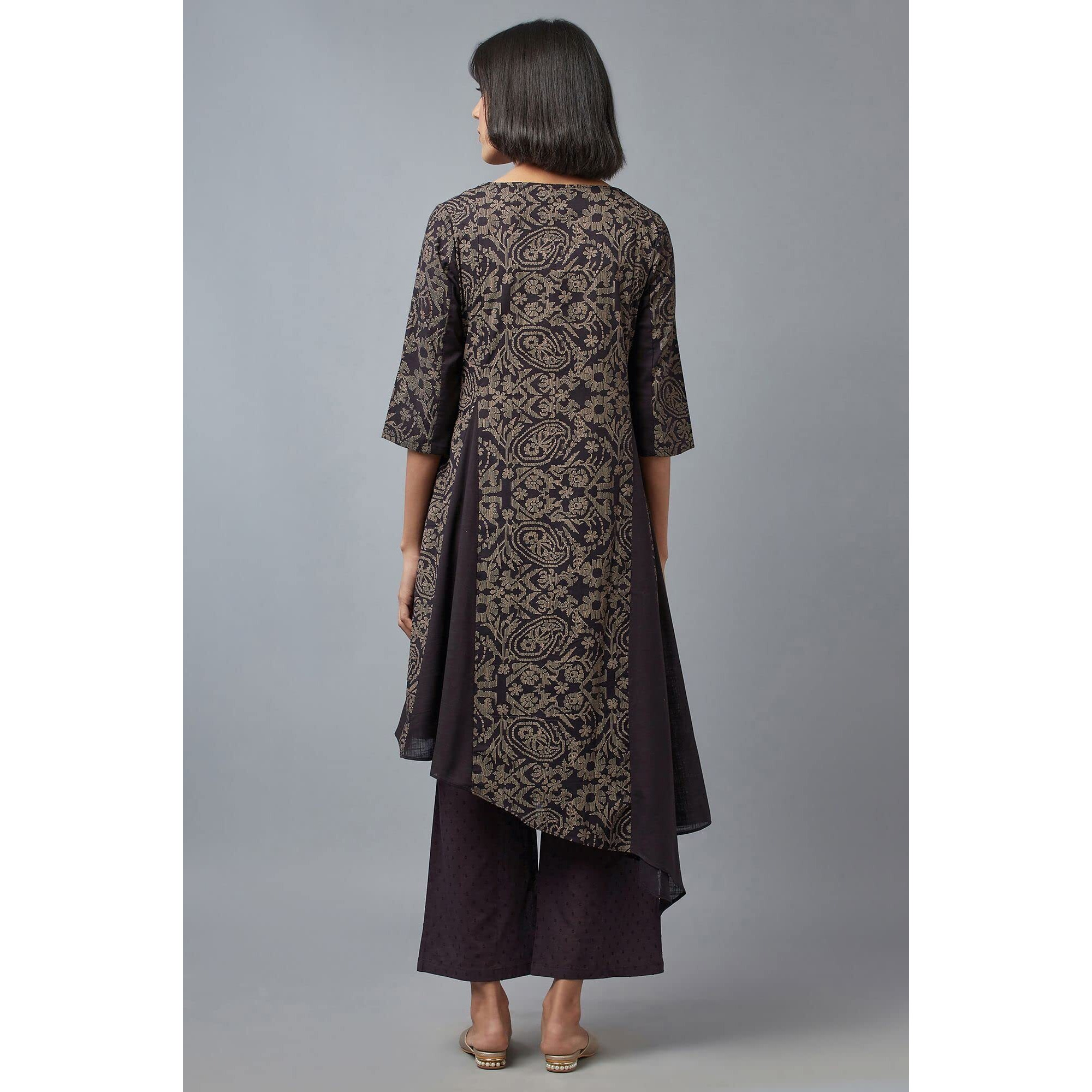 W Black Paisley Printed Cotton Stylised Kurta For Women's Fashion