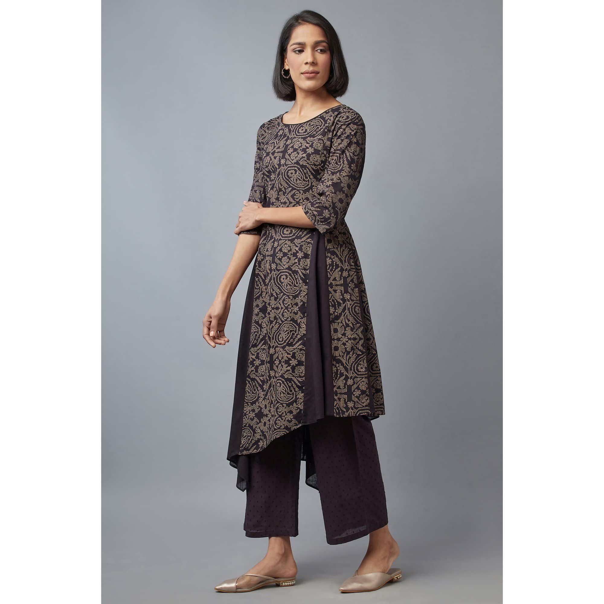 W Black Paisley Printed Cotton Stylised Kurta For Women's Fashion