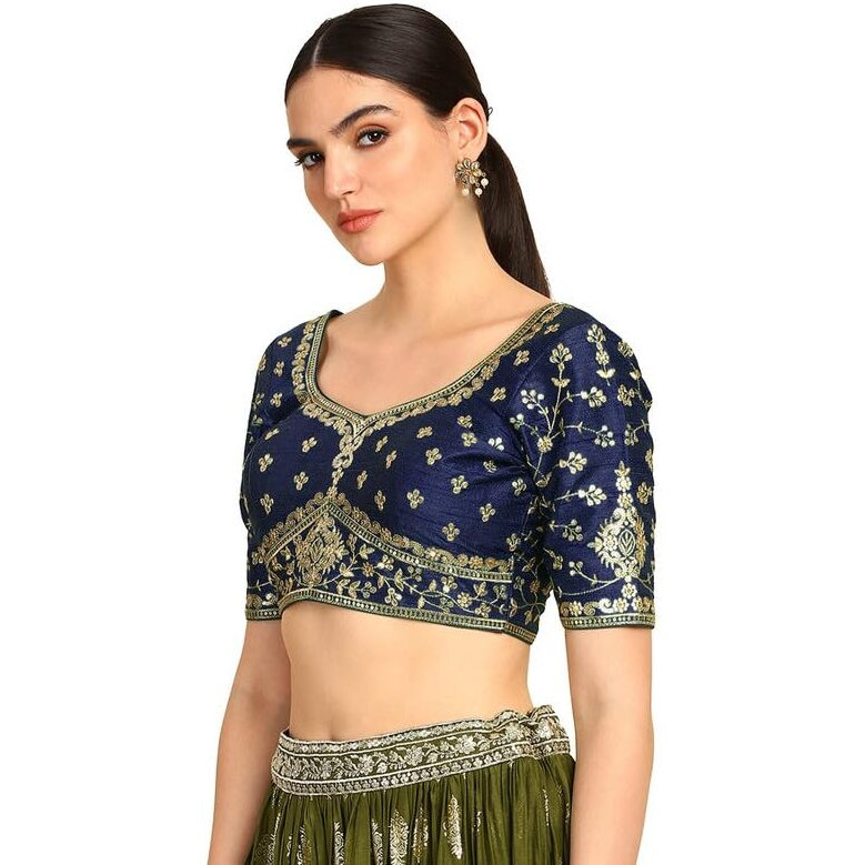 Soch Womens Navy Blue Zari Embroidered Silk Blend Padded Blouse With Sequins
