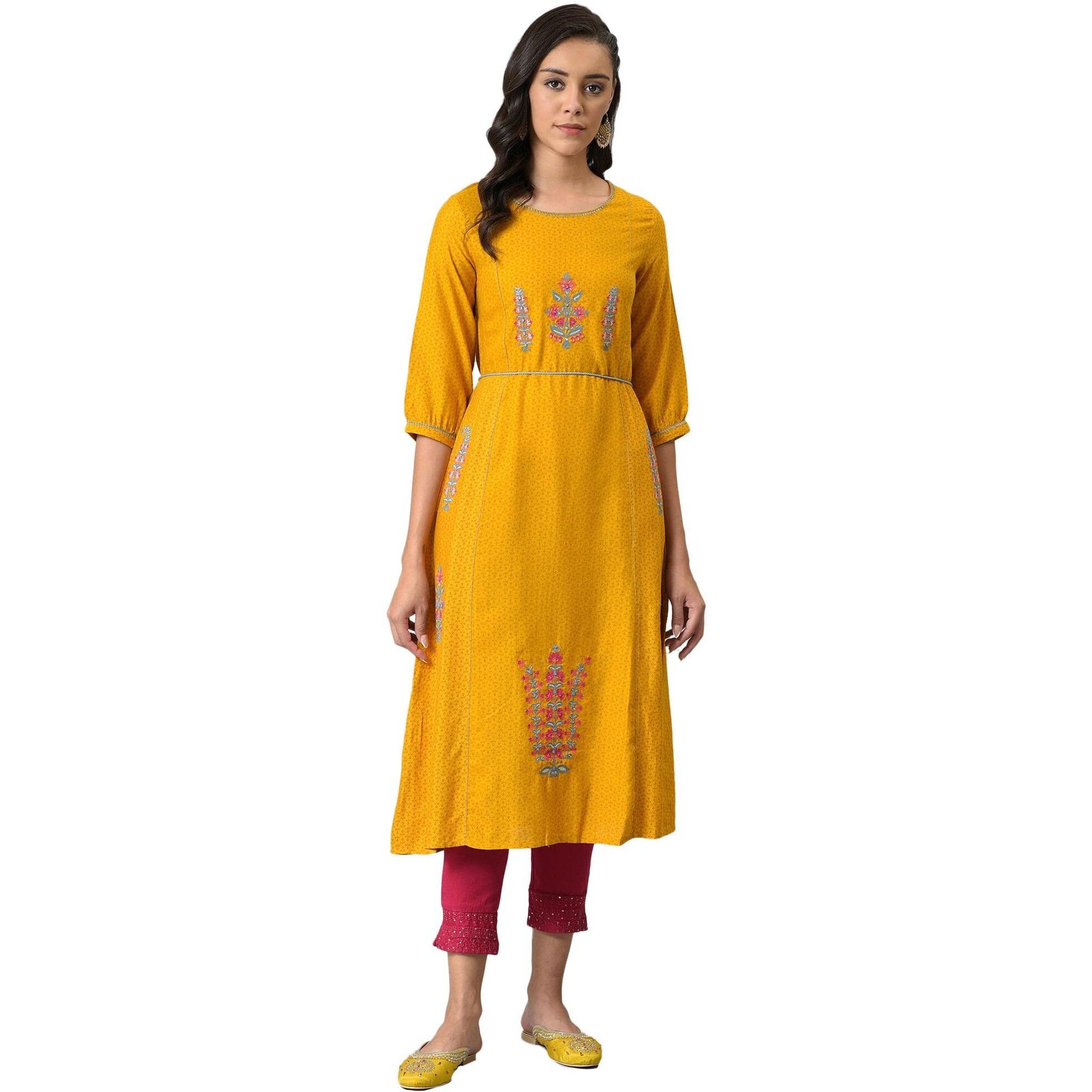 W For Woman Women's Rayon Mustard Yellow A-Line Printed Dress With Embroidery Calf Length (22Few17489-117485 L)