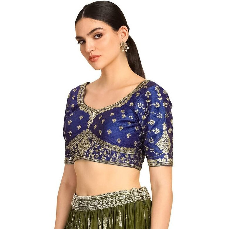Soch Womens Indigo Zari Embroidered Silk Blend Padded Blouse With Sequins