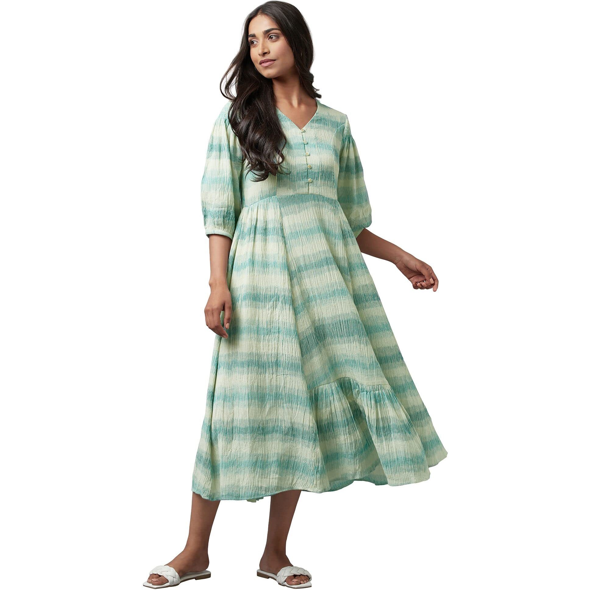 W For Woman Women's Cotton Ecru Gathered Ikat Print Dress In V-Neck Calf Length (22Few17372-312420_Turtle Dove_S)