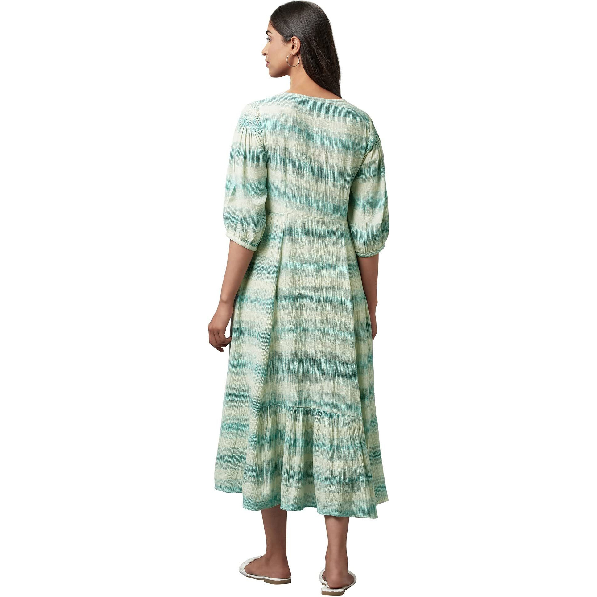 W For Woman Women's Cotton Ecru Gathered Ikat Print Dress In V-Neck Calf Length (22Few17372-312420_Turtle Dove_S)