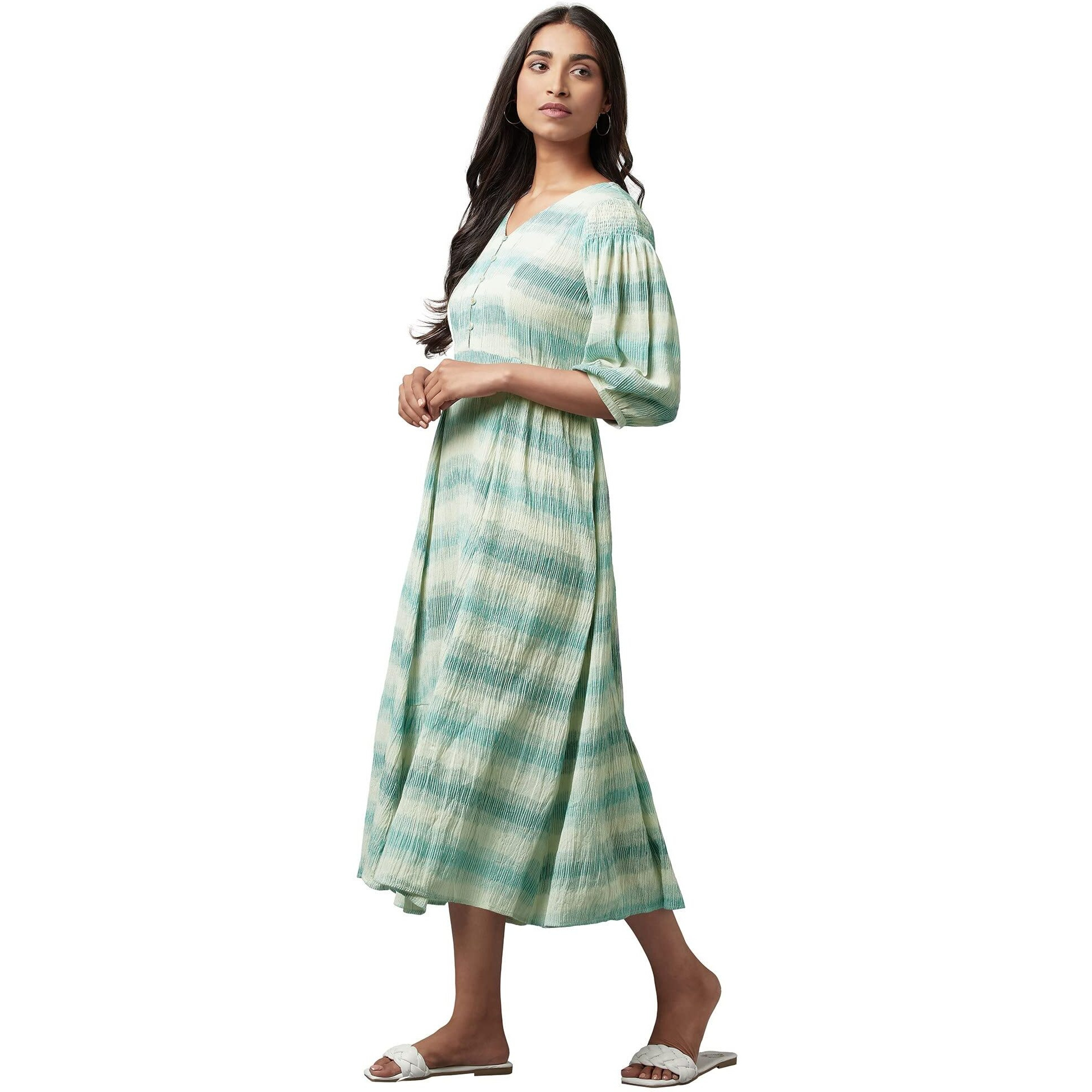 W For Woman Women's Cotton Ecru Gathered Ikat Print Dress In V-Neck Calf Length (22Few17372-312420_Turtle Dove_S)