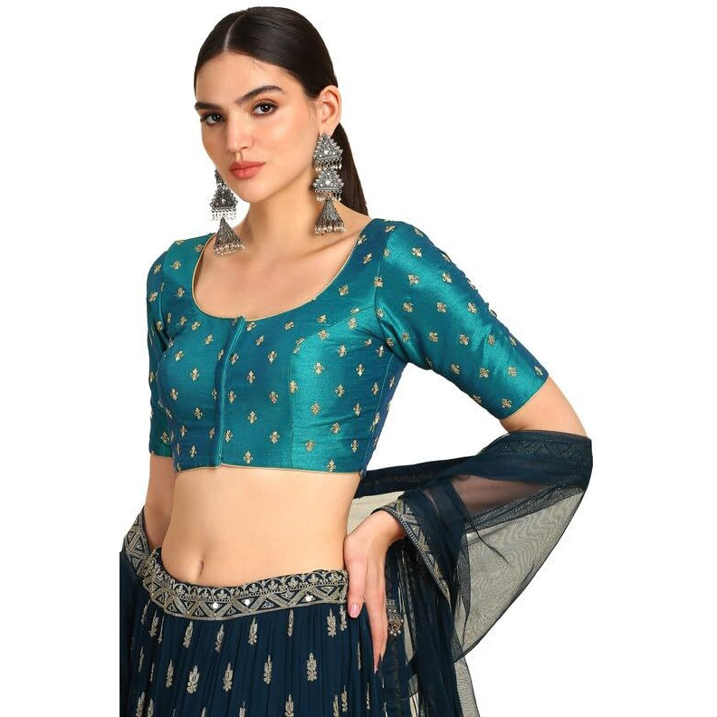 Soch Womens Teal Zari Embroidered Art Silk Padded Blouse With Sequins
