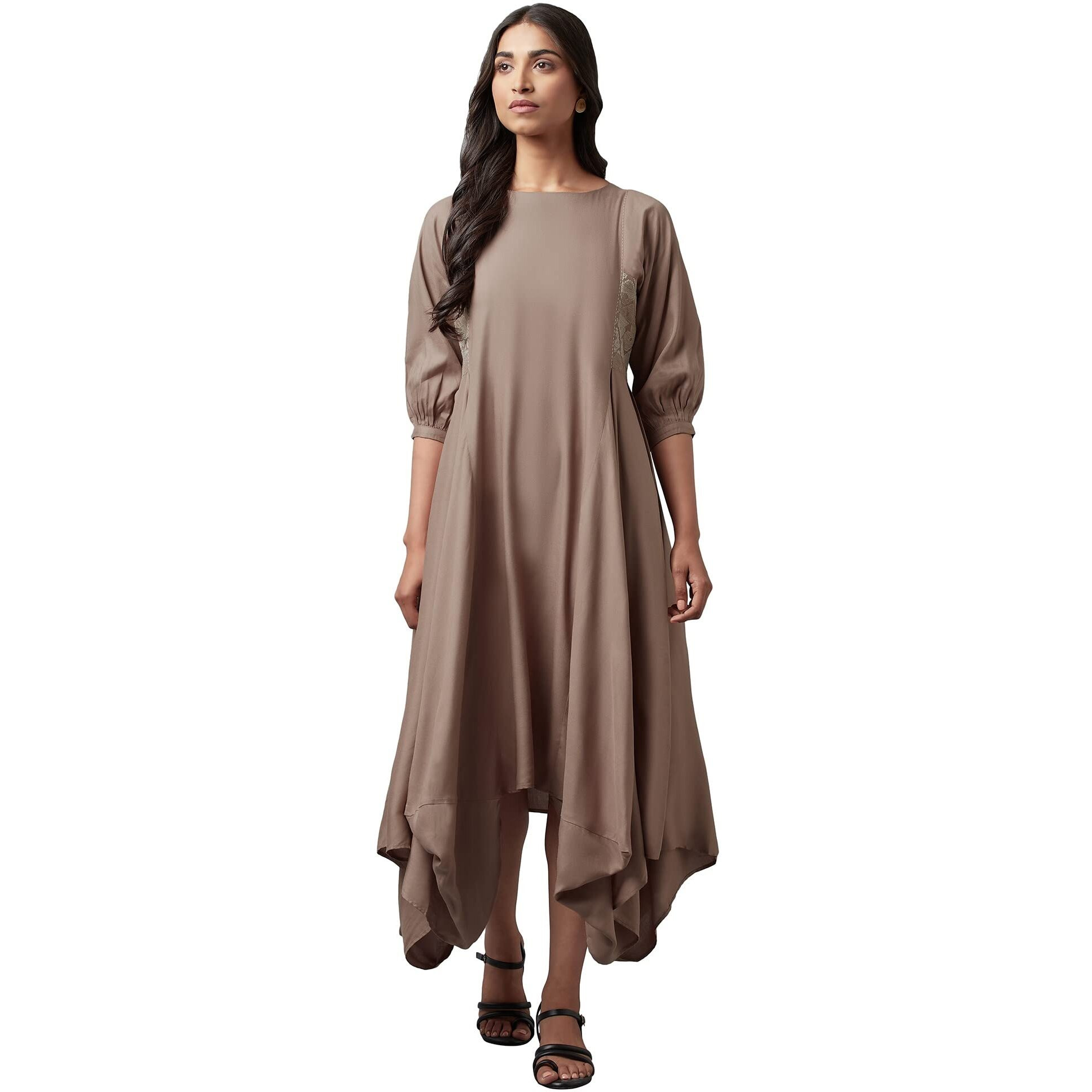 W For Woman Beige Rayon Kurta In Boat Neck With Embroidered Panel_22Few17388-216981_S