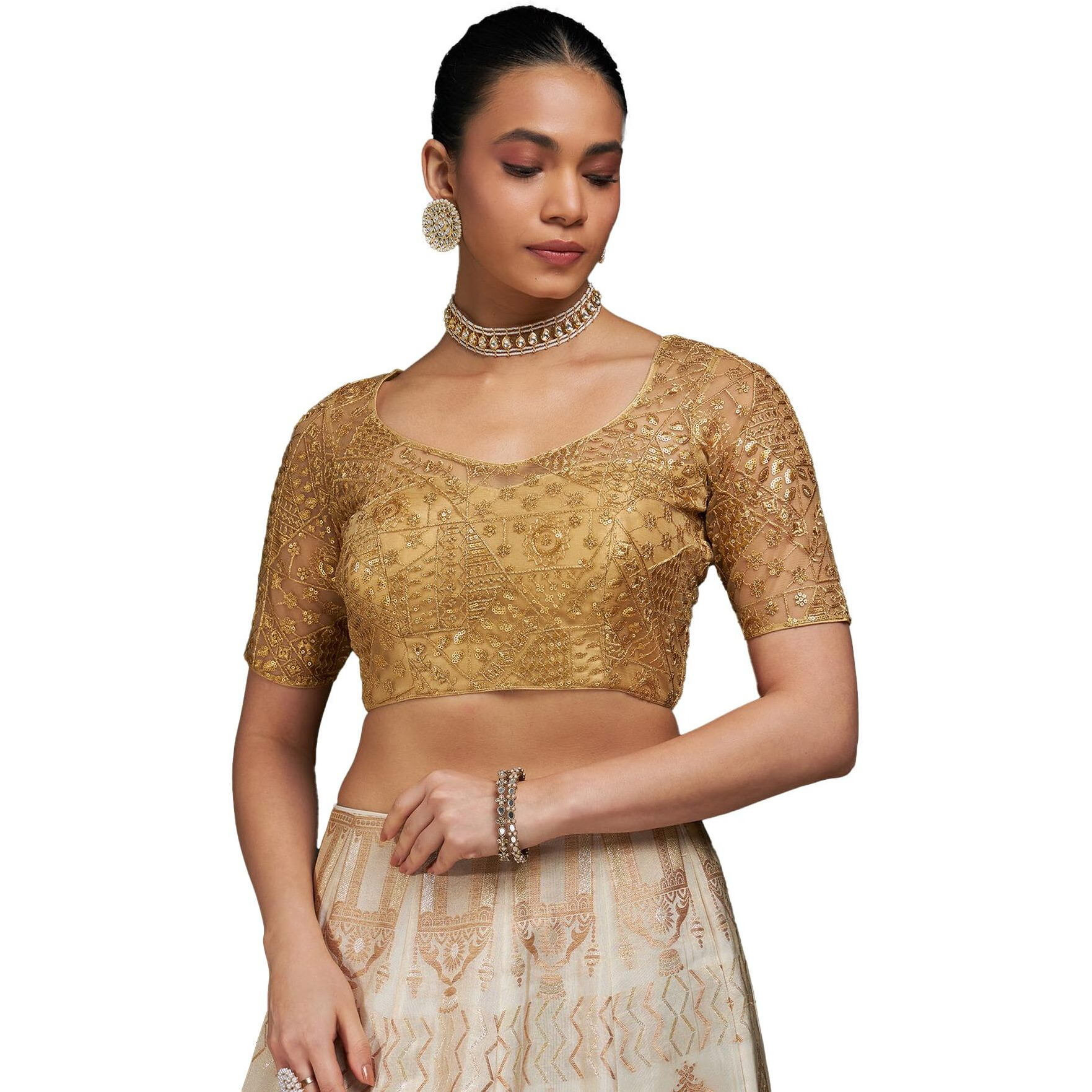 Soch Womens Gold Zari Embroidery Net Padded Blouse With Sequins
