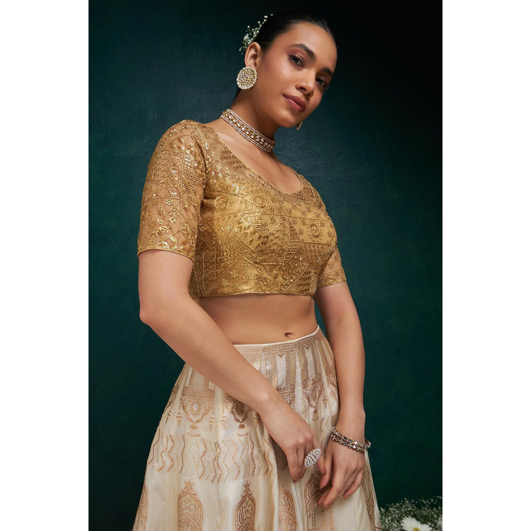 Soch Womens Gold Zari Embroidery Net Padded Blouse With Sequins