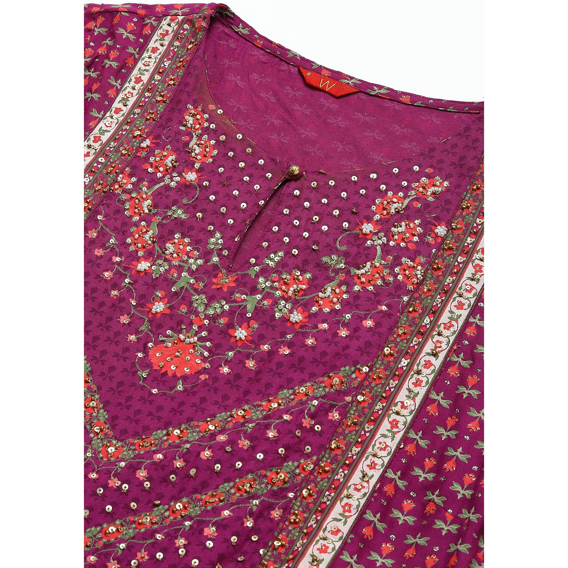 W For Woman Dark Purple Floral Printed A-Line Kurta With Sequins